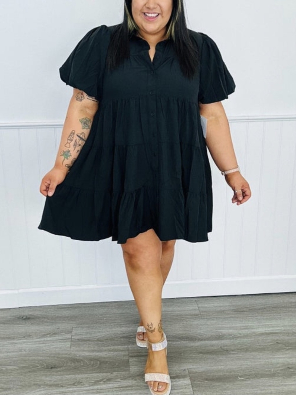 Entro Black Tiered Mini Dress with Puff Sleeves Size XL